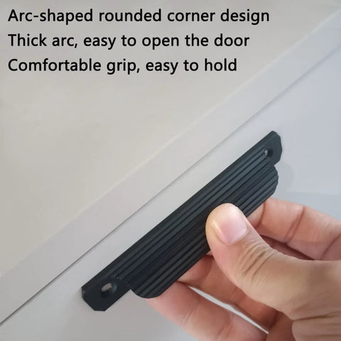 Hand holding black cabinet pull showing arc design, part of Black Cabinet Pulls 4 Pack for Kitchen Cabinets and Drawers 4.72 Inch Length.