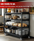 Kitchen cart with three shelves filled with dishware and jars on smooth hardwood floor, featuring four caster wheels for easy mobility.