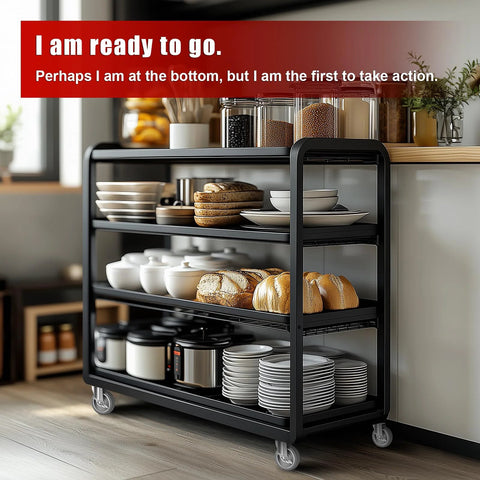 Kitchen cart with three shelves filled with dishware and jars on smooth hardwood floor, featuring four caster wheels for easy mobility.