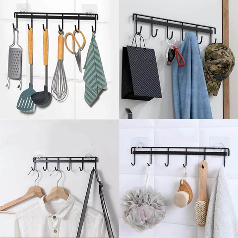 Adhesive Kitchen Hooks Utensil Hanger Holder Hanging Rack 2 Pack for kitchen tools, clothes, and accessories, wall mounted, black.