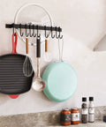 Gourmet Kitchen Rail with 10 Hooks, Wall Mounted Wrought Iron Hanging Utensil Holder Rack with Black 17 Inch, organizing pans and tools