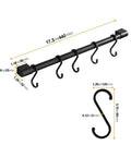 Kitchen Rail with Hooks, Pan and Pot Hangers for Kitchen Wall Mount, Kitchen Utensil Rack with Removable S Hook, Aluminum (17.3inch_Black_5Hooks) showing dimensions
