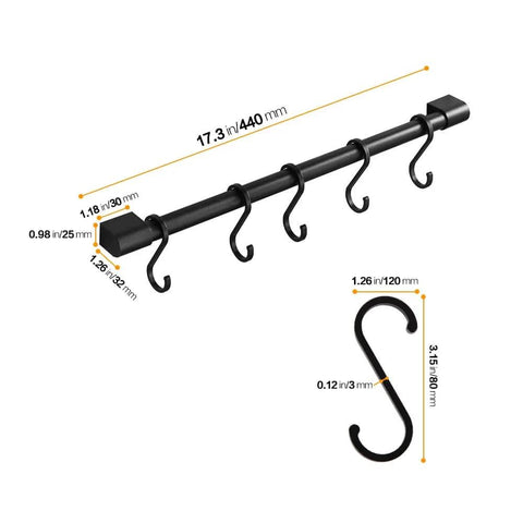 Kitchen Rail with Hooks, Pan and Pot Hangers for Kitchen Wall Mount, Kitchen Utensil Rack with Removable S Hook, Aluminum (17.3inch_Black_5Hooks) showing dimensions