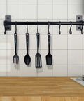 Kitchen Utensil Holder Hanger, Pot and Pan Rack Wall Mounted, Kitchen Rail with 8 Hooks for Hanging Cooking Utensils, Black