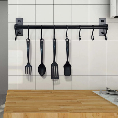 Kitchen Utensil Holder Hanger, Pot and Pan Rack Wall Mounted, Kitchen Rail with 8 Hooks for Hanging Cooking Utensils, Black