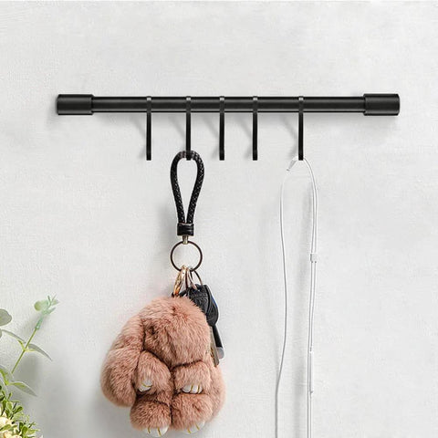 Kitchen Rail with Hooks, Pan and Pot Hangers for Kitchen Wall Mount displayed with keys and accessories on S hooks, Black aluminum.