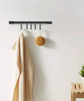 Kitchen Rail with Hooks, Pan and Pot Hangers for Kitchen Wall Mount, towel and sponge on black aluminum rack with 5 S-hooks.