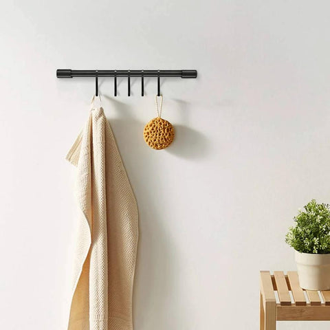 Kitchen Rail with Hooks, Pan and Pot Hangers for Kitchen Wall Mount, towel and sponge on black aluminum rack with 5 S-hooks.