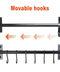 Kitchen Utensil Holder Hanger, Pot and Pan Rack Wall Mounted with movable hooks, black aluminum, pack of 2.