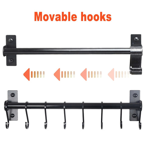 Kitchen Utensil Holder Hanger, Pot and Pan Rack Wall Mounted with movable hooks, black aluminum, pack of 2.