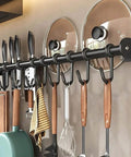 Modern Kitchen Utensil Rack, Black Wall-Mounted Hanging Rod with 6 Movable Hooks, 15.75 Inch Metal Storage Organizer holding utensils
