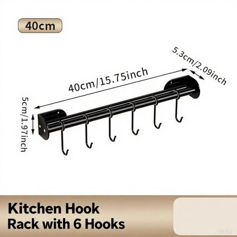 Modern Kitchen Utensil Rack, Black Wall-Mounted Hanging Rod with 6 Movable Hooks, 15.75 Inch Metal Storage Organizer dimensions