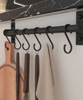 Kitchen Utensil Holder Hanger, Pot and Pan Rack Wall Mounted with 8 hooks, holding wooden spoons and towel under countertop, black, Pack of 2