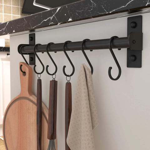 Kitchen Utensil Holder Hanger, Pot and Pan Rack Wall Mounted with 8 hooks, holding wooden spoons and towel under countertop, black, Pack of 2
