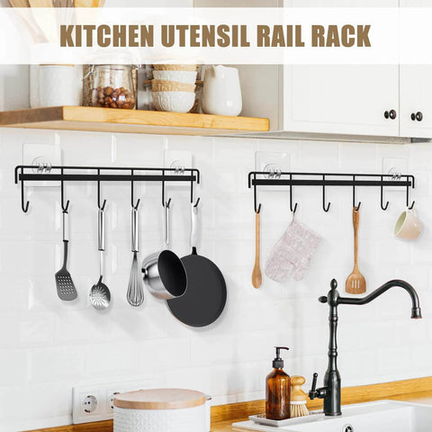 Kitchen Utensil Hanger, Adhesive Utensil Holder Wall Mount Kitchen Rack Rail with 12 Hooks, Space Saving and No Drilling, Black, 2 Pcs, installed on white tile wall with utensils.