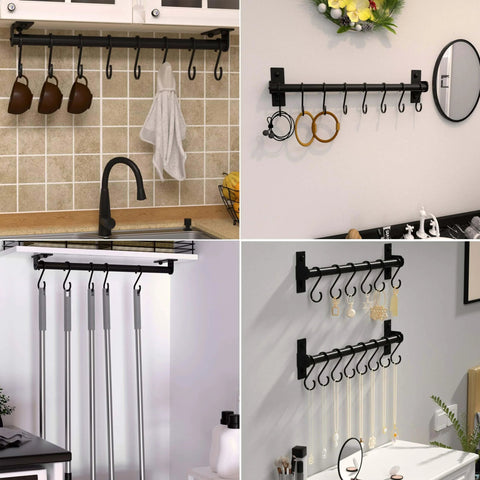Kitchen Utensil Holder Hanger, Pot and Pan Rack Wall Mounted, Kitchen Rail with 8 Hooks for Hanging Cooking Utensils, Mugs, Spoons