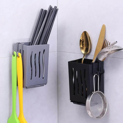 Black multifunctional kitchen utensil rack draining chopstick holder wall-mounted cutlery storage box with spoons and chopsticks