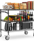 Heavy Duty Rolling Utility Cart With Wheels For Kitchen And Restaurant Use Kitchen Workhorse 45 Inch NSF Certified Commercial Grade Steel Cart 1120 Lbs Capacity With Handle And Shelf Liners Black Leteuke full of kitchen supplies