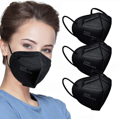 Five Layer Cup Design KN95 Face Masks Black Fifty Pack For Everyday Protection Non Medical Breathable With Elastic Ear Loops