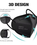 Five Layer Cup Design KN95 Face Masks Black Fifty Pack For Everyday Protection Non Medical Breathable With Elastic Ear Loops And Adjustable Nose Clip Filtration Ninety Five Percent Everyday Use shown in 3D design