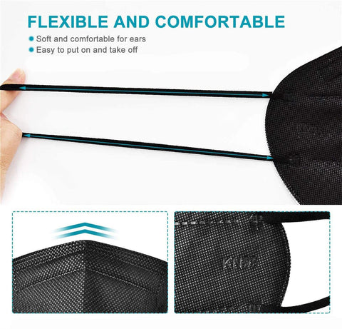 Five Layer Cup Design KN95 Face Masks Black Fifty Pack For Everyday Protection Non Medical Breathable With Elastic Ear Loops And Adjustable Nose Clip Filtration Ninety Five Percent Everyday Use close-up on flexible ear loops and texture