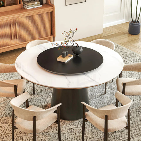 31.5 Inch Lazy Susan Turntable With 360 Degree Rotation Sintered Stone Silent Anti Slip Surface on dining table with chairs