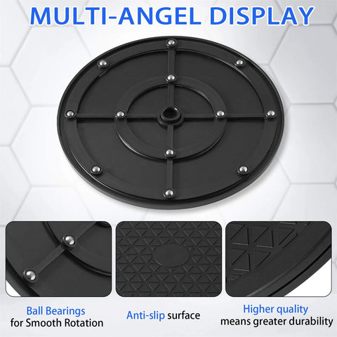 Multi-angle view of 8 Inch Lazy Susan Turntable Organizer, Premium Heavy Duty Black Rotating Swivel Stand with Steel Ball Bearings.