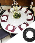 Elegant dining table setup with 8 Pack 9 Inch Black Lazy Susan Turntable Bearing Plates for Heavy Duty Rotating Tables visible in a split view.