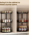 Three Tier Lazy Susan Organizer With 360 Degree Rotation Ball Bearing Turntable Spice Rack in black inside kitchen cabinet