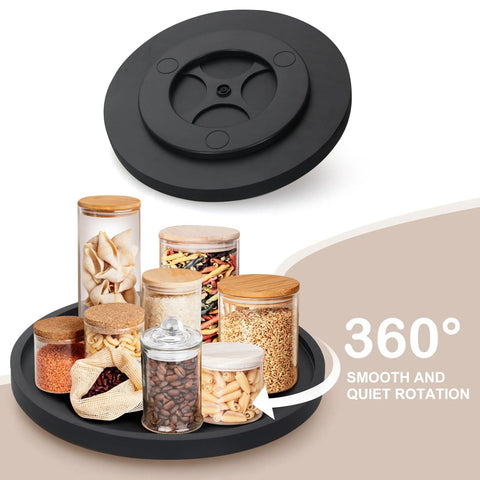 Round Wooden Bathroom Tray With 360 Degree Silent Rotation Lazy Susan Turntable holding jars and packaged snacks