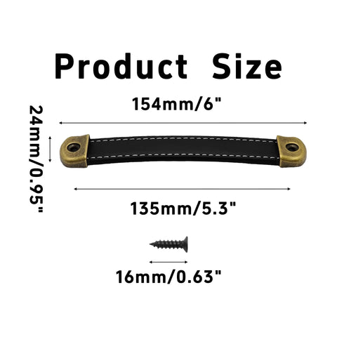 Six Pack Leather Cabinet Pulls With Screws, Vintage Style Drawer Handles For Dresser Trunk And Suitcase, size details shown.