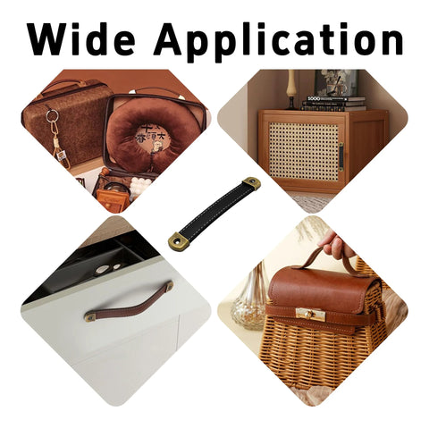 Wide application of Six Pack Leather Cabinet Pulls With Screws, Vintage Style Drawer Handles For Dresser Trunk And Suitcase, 6.1 Inch Total Length, 0.94 Inch Width, 5.3 Inch Hole Spacing, 16mm Screw Length, Black.