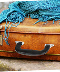 Leather Replacement Handles For Bags And Luggage 6.49 inch pull handles attached to vintage suitcase with teal scarf