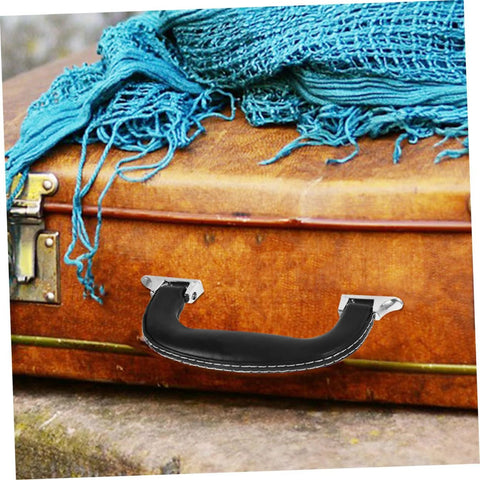 Leather Replacement Handles For Bags And Luggage 6.49 inch pull handles attached to vintage suitcase with teal scarf