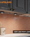 Wired LED Puck Lights For Cabinets 120V Plug In Lighting Warm White Surface Or Recess Mount Black Finish 2.7W Each