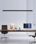 47 Inch Black Linear Pendant Light With Wood Finish Dimmable LED Ceiling Fixture For Dining Room Kitchen Island And Pool Table Remote Control And App Connectivity Modern Industrial Lighting For Home installed above office desk