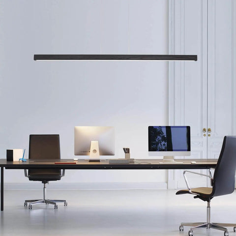 47 Inch Black Linear Pendant Light With Wood Finish Dimmable LED Ceiling Fixture For Dining Room Kitchen Island And Pool Table Remote Control And App Connectivity Modern Industrial Lighting For Home installed above office desk