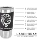 20oz Vacuum Insulated Tumbler Mug With Dope Black Widow Spider Design And Personalized Engraving Included Keeps Your Drinks Cold For Up To 24 Hours And Hot For Up To 8 Hours With A Soft Silicone Grip In Classic Black on promotional image with lion logo and custom engraving demo