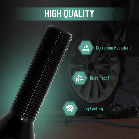 Close-up of M14x1.5 European Lug Bolts 60 Degree Conical Seat 45mm Thread Length 17mm Hex Black Finish Ideal For Wheel Spacers And European Vehicles 20 Pack Durable Alloy Construction Corrosion Resistant Finish For Long Lasting Performance And Easy Installation with wheel in background.