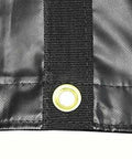 Close-up of 18 Ft By 27 Ft Black Lumber Tarp For Heavy Duty Flatbed Truck Cargo with 5 Ft Drop Flap, showing grommet and stitching detail