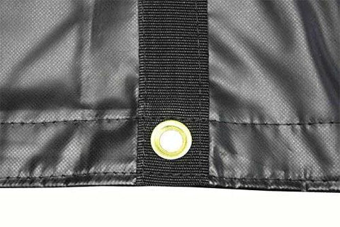Close-up of 18 Ft By 27 Ft Black Lumber Tarp For Heavy Duty Flatbed Truck Cargo with 5 Ft Drop Flap, showing grommet and stitching detail