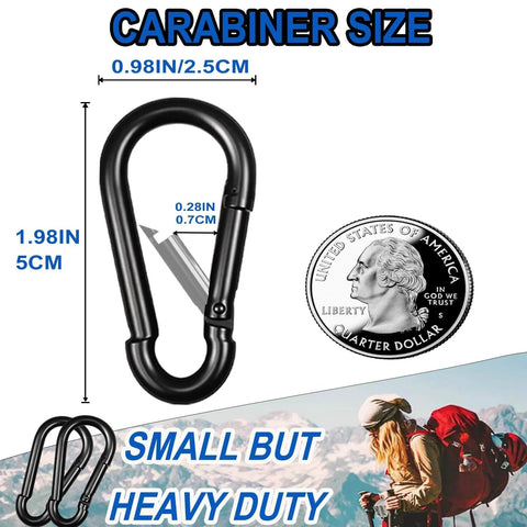 15 Pieces M5 Heavy Duty Carabiner Clips 2 Inch Snap Hooks Quick Links Spring Loaded Buckles for Fishing, next to a US quarter for size comparison.