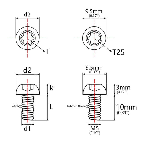 Dimensions of 12 Pcs M5x10 Titanium Torx Bolts for Bicycle Disc Brake Rotors with T25 Torx Head specifications.