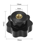 Five Pack M6 Internal Thread Clamping Knobs With 32mm Star Head Through Hole 7 Lobes Grip Black detailed dimensions view