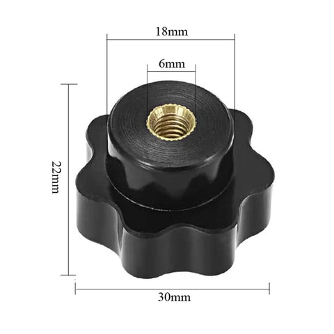 Five Pack M6 Internal Thread Clamping Knobs With 32mm Star Head Through Hole 7 Lobes Grip Black detailed dimensions view