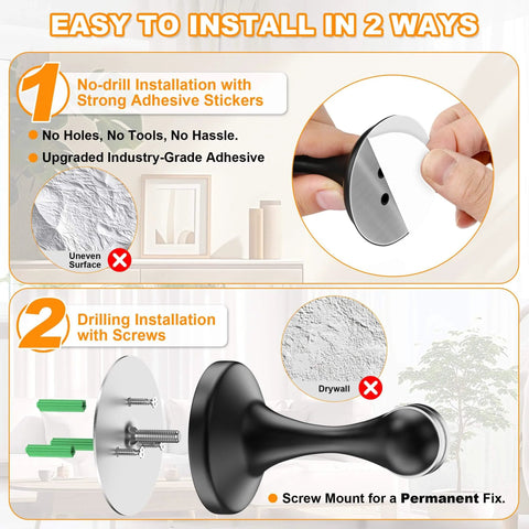Magnetic Door Stoppers 2 Pack installation guide showing options for no-drill adhesive and screw mounting on walls.
