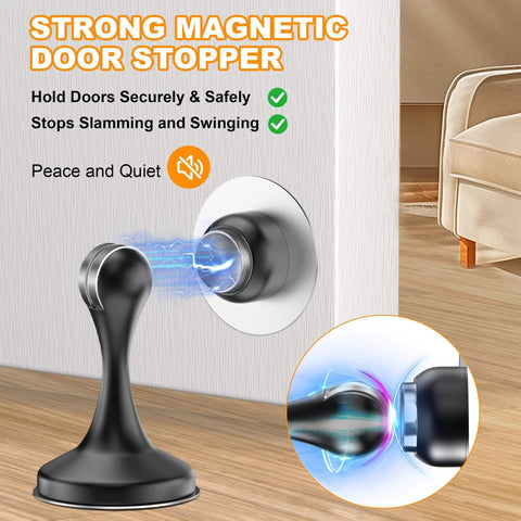 Black magnetic door stopper wall-mounted, holding door with strong magnet. Magnetic Door Stoppers 2 Pack, Stainless Steel Door Stops.