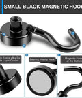 Small black magnetic hooks with triple layer coating, gravity hook, and magnetic force at the bottom for secure hanging.