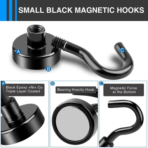 Small black magnetic hooks with triple layer coating, gravity hook, and magnetic force at the bottom for secure hanging.