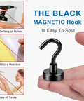 Black magnetic hook with no drilling needed, shown held in hand, highlighting easy use without sticky residue or tools.